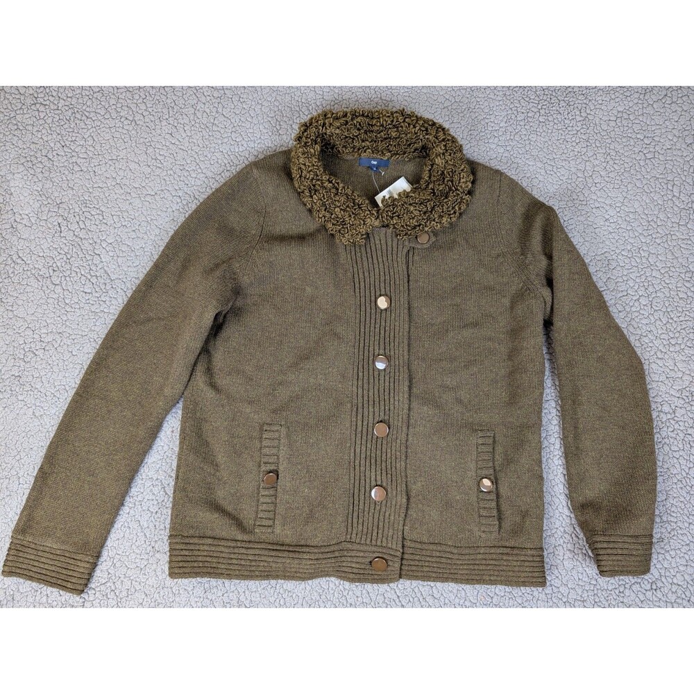 Gap Wool Cardigan Sweater Women’s Size XL ButtonUp Olive Green Boucle Collar NWT